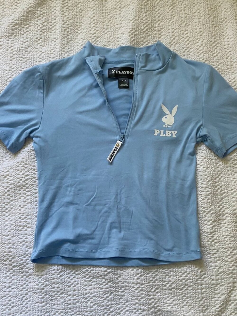 Playboy Blue Zip-Front High-Neck Crop Top - Size S